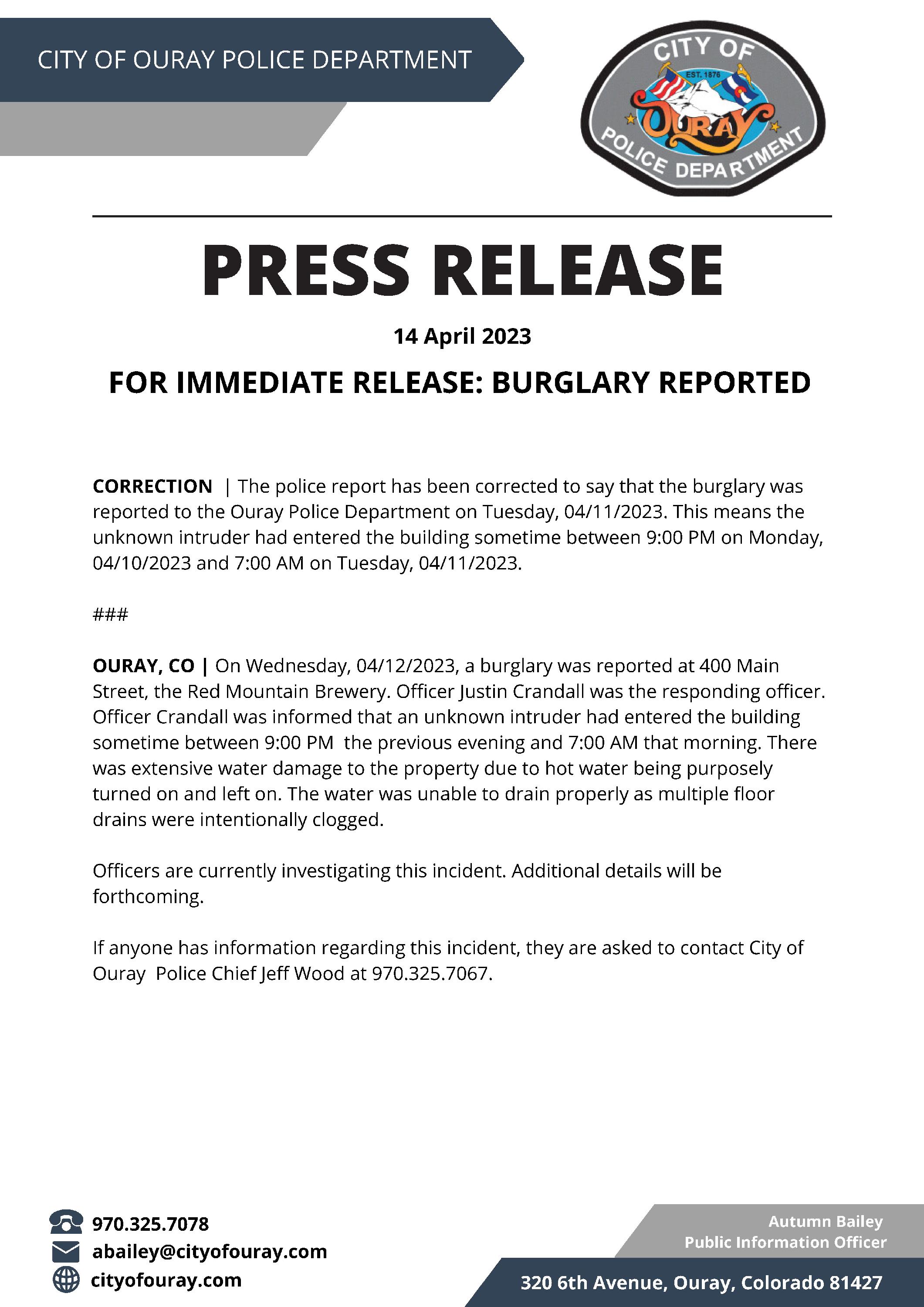 Press Release_Burglary_04.12.2023_400 Main Street_CORRECTED